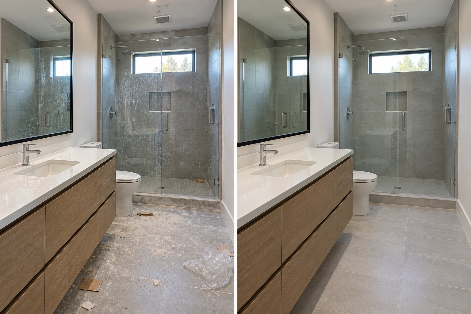 Illustrative reference: Newly installed bathrooms, before and after cleaning